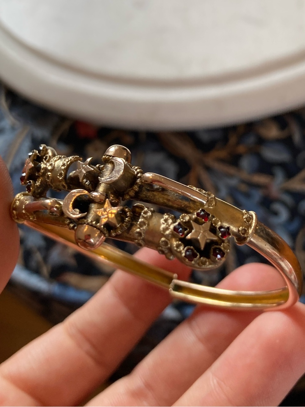 Antique Victorian Celestial Rose-Cut Garnet Crescent Moon & Stars GF Bracelet - Picture 8 of 16